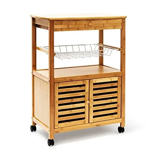 Produktbild: Relaxdays Küchenrollwagen XL Hx B x T 80 x 60 x 35 cm James Bambus Sevierwagen mit Schublade als rollbarer Küchenwagen aus Holz mit großer Ablage und Korb für Geschirr als mobiler Rollwagen, natur
