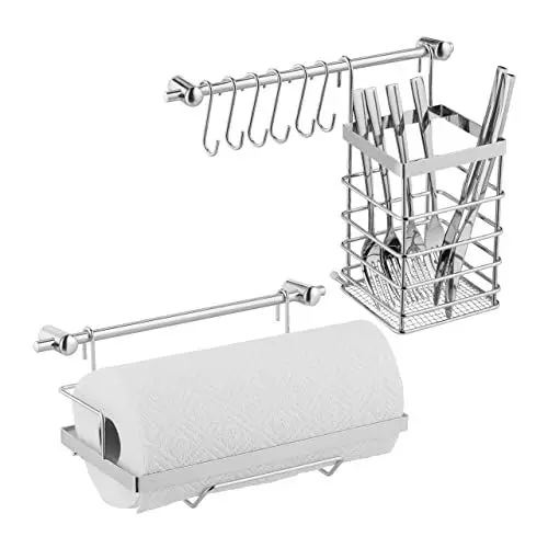 Produktbild: Relaxdays Küchenutensilienhalter Set, Edelstahl-Optik, Küchenrollenhalter, Abtropfgestell, Hängeleisten, 6 Haken, silber, 1 Stück