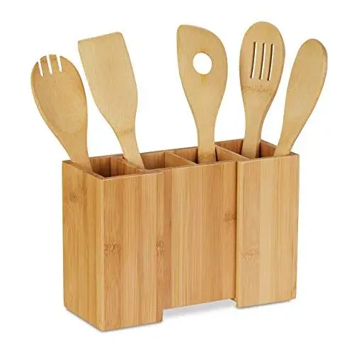 Produktbild: Relaxdays Küchenutensilienhalter aus Bambus, 5er Set Kochlöffel, ausziehbarer Besteckhalter HBT: 17, 17 x 25 x 10 cm, Natur