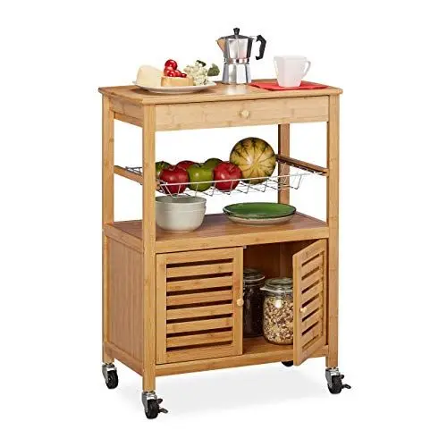 Produktbild: Relaxdays Küchenwagen Bambus, Arbeitsplatte, Schrankfach & Korb, Servierwagen mit Rollen, HBT: 82 x 59,5 x 35 cm, natur