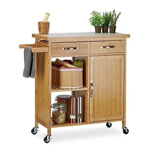 Produktbild: Relaxdays Küchenwagen Holz, Bambus, 4 Rollen, Arbeitsplatte aus Marmor, mit Schubladen, HBT: 85,5 x 89,5 x 36 cm, natur