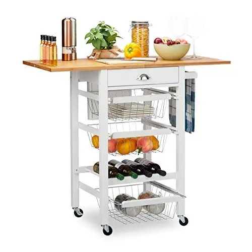 Produktbild: Relaxdays Küchenwagen, Küchenbutler mit klappbarer Arbeitsplatte, Landhausstil, 3 Körbe, Messerblock, für Flaschen, weiß, 89,00 x 60,00 x 49,00cm