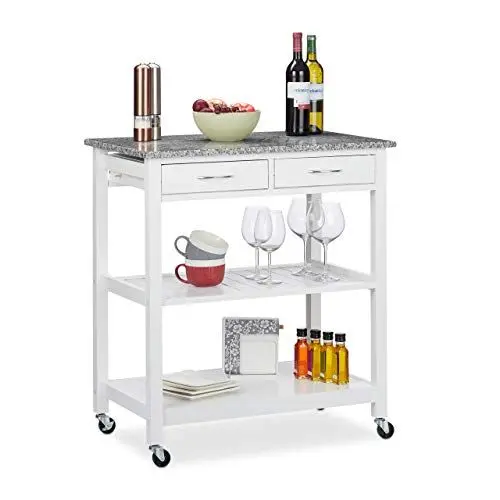 Produktbild: Relaxdays Küchenwagen, moderner Servierwagen m. Arbeitsplatte, Landhausstil, 2 Ablagen, 2 Schubladen, 87x78x48,5cm, weiß