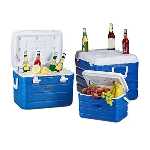 Produktbild: Relaxdays Kühlbox ohne Strom im Set, 3 Kühltaschen für Camping, Isolierbox groß mit Wasserablauf, 10-60 Liter, blau-weiß