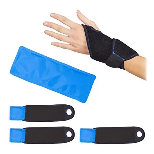 Produktbild: Relaxdays Kühlpad Handgelenk, bei Gelenkschmerzen, Sehnenentzündung, warm/kalt, Neopren Bandage & Gelpack, schwarz/blau, 1 Stück