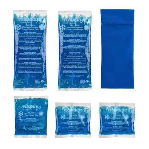 Produktbild: Relaxdays Kühlpads, 5er Set, 3 Größen, mit Hülle, Kalt Warm Kompressen, mikrowellengeeignet, Gel Kühlkompressen, blau