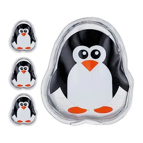 Produktbild: Relaxdays Kühlpads Kinder, 4er Set, Kalt Warm Kompresse, Pinguin, HxB: 11 x 9 cm, Kühlkissen Gel, Kühlpack, schwarz/weiß