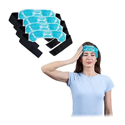 Produktbild: Relaxdays Kühlpads Kopf, 4er Set Kalt Warm Kompressen, wiederverwendbar, Gel Kühlmaske Migräne & Zahnschmerzen, hellblau
