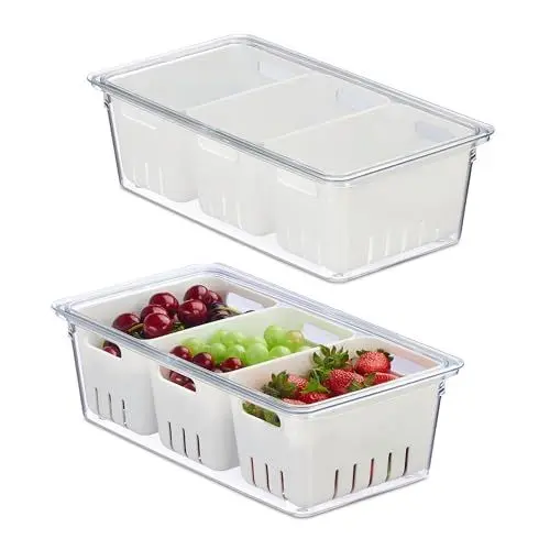 Produktbild: Relaxdays Kühlschrank Organizer, 2er Set, stapelbar, 3 Abtropfkörbe, Lebensmittel Organizer mit Deckel, transparent/weiß