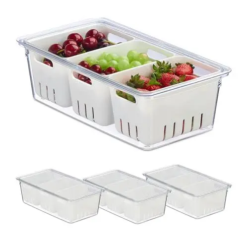Produktbild: Relaxdays Kühlschrank Organizer, 4er Set, stapelbar, 3 Abtropfkörbe, Lebensmittel Organizer mit Deckel, transparent/weiß