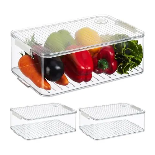 Produktbild: Relaxdays Kühlschrank Organizer, 3er Set, Kühlschrankeinsätze mit Deckel & Datum, HxBxT: 10,5 x 21 x 33 cm, transparent