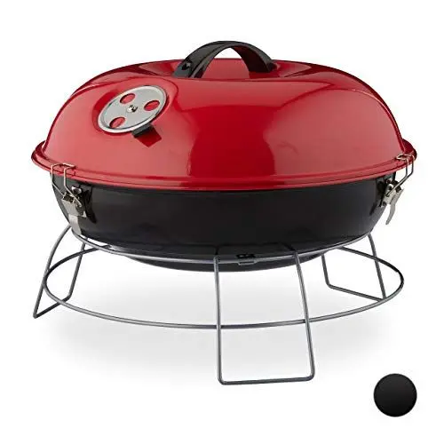 Produktbild: Relaxdays Kugelgrill, tragbar, mit Deckel, leckeres BBQ, Picknickgrill mit großer Grillfläche, Holzkohle, Ø36cm, rot, 27 x 36 x 36 cm