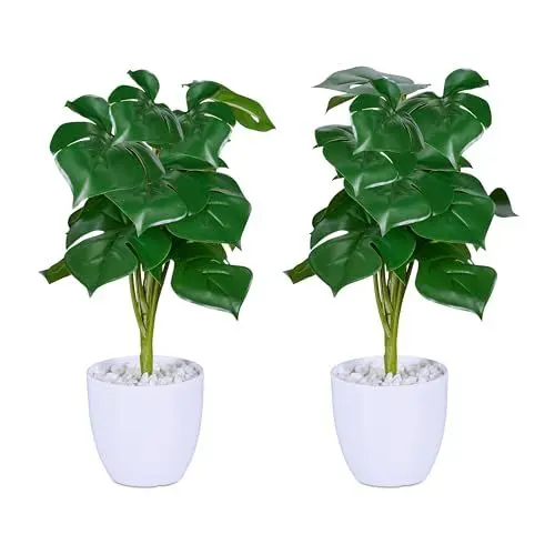 Produktbild: Relaxdays Kunstpflanze Monstera, 2er Set künstliche Pflanzen, im Topf, Plastikpflanzen, H x D: 33 x 20 cm, grün/weiß