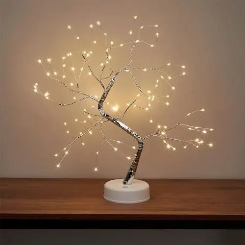Produktbild: Relaxdays LED Baum, biegsame Zweige, batteriebetrieben & USB, warmweiß, Dekobaum innen, Lichterbaum Bonsai, silber/weiß