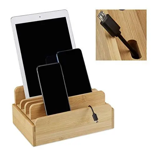 Produktbild: Relaxdays Ladestation Bambus, für mehrere Geräte, Tablet & Smartphone, Kabelbox Organizer, HxBxT: 10 x 22,5 x 15, natur