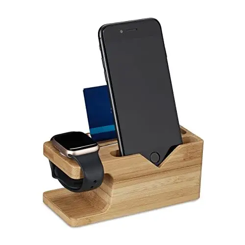 Produktbild: Relaxdays Ladestation, für Apple Watch & iPhone, Bambus, HxBxT: 6 x 14 x 6,5 cm, Handy-Station & Uhrenständer, Natur