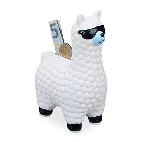 Produktbild: Relaxdays Lama Spardose, mit Sonnenbrille, Geschenkidee & Deko, Alpaka Sparbüchse aus Keramik, HBT 15,5 x 11 x 6cm, weiß