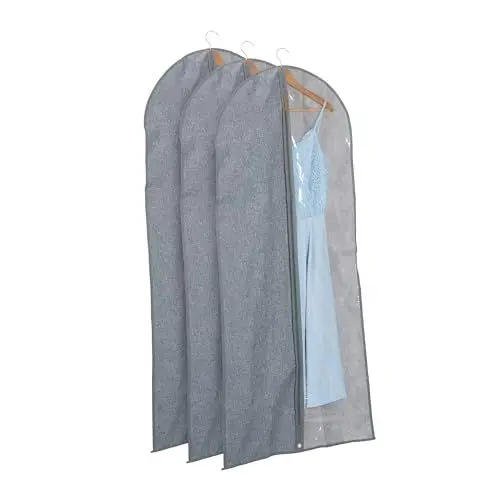 Produktbild: Relaxdays Langes Kleidersack 3er Set, mit Reißverschluss, 135 x 58 cm, Schutzhülle Anzug, Kleid, Hemd, grau/transparent