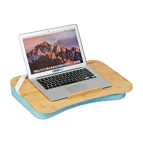 Produktbild: Relaxdays Laptopkissen, Bambus, Memory Foam Kissen, BxT: 51 x 36 cm, Tragegriff, Kissentablett Bett & Sofa, Natur/blau
