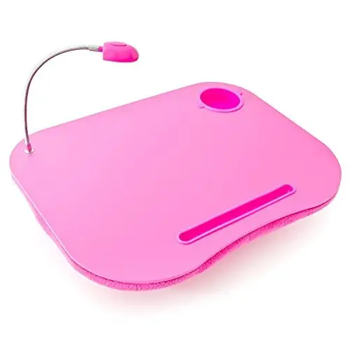 Produktbild: Relaxdays Laptopkissen, LED-Licht, tragbar, flacher Lapdesk, mit Getränkehalter, weiches kleines Schoßtablett, pink, Uni