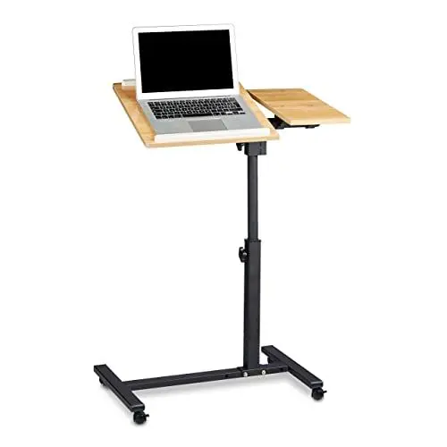 Produktbild: Relaxdays Laptoptisch höhenverstellbar HBT 95 x 60 x 40 cm Notebook Ständer auch für Linkshänder Sofatisch Beistelltisch mit bremsbaren Rollen mit Ablage für Maus mit 2 Stopp-Leisten, Eiche, gelb