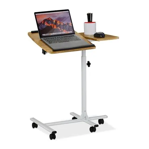 Produktbild: Relaxdays Laptoptisch höhenverstellbar, rollbar, neigbare Tischplatte, Mausablage, HBT: 68-88 x 61 x 40 cm, braun-weiß, 1 Stück