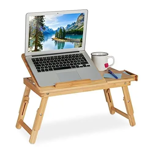 Produktbild: Relaxdays Laptoptisch, klappbarer Betttisch aus Bambus, höhenverstellbar & neigbar, Lüftungsschlitze & Schublade, natur, 1 Stück