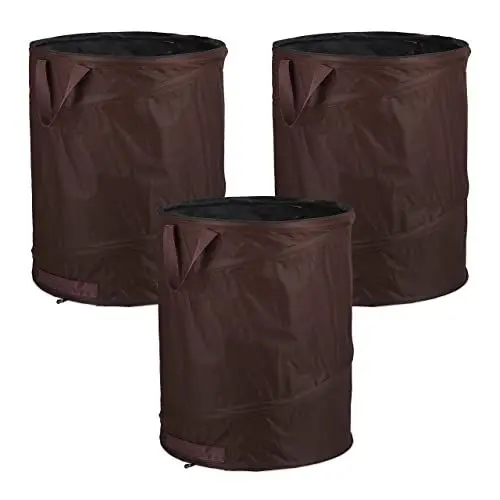 Produktbild: Relaxdays Laubsack selbstaufstellend, 3er Set, 160 L, Pop Up Gartensack mit 3 Griffen, UV-beständig, wasserdicht, braun