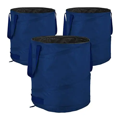 Produktbild: Relaxdays Laubsack, selbstaufstellend, 3er Set, 85 L, Pop Up Gartensack, mit 3 Griffen, UV-beständig, wasserdicht, blau