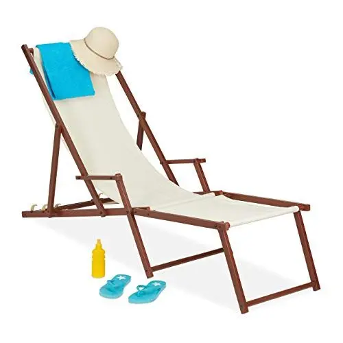 Produktbild: Relaxdays Liegestuhl Holz Stoff, 3 Liegepositionen, Gartenliege mit Armlehnen & Fußablage, 120 kg, Sonnenliege, beige