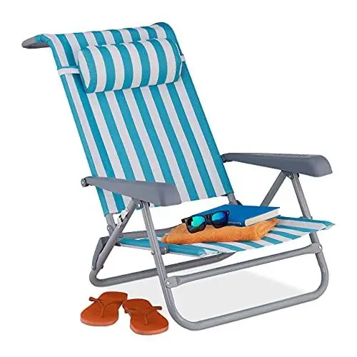 Produktbild: Relaxdays Liegestuhl klappbar, 8-stufig verstellbar, Strandstuhl mit Nackenkissen, Armlehnen & Flaschenöffner, blau/weiß, 1 Stück 10035904