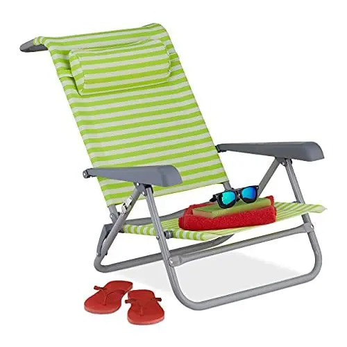 Produktbild: Relaxdays Liegestuhl klappbar, 8-stufig verstellbar, Strandstuhl mit Nackenkissen, Armlehnen & Flaschenöffner, grün/weiß, 1 Stück, 10035905