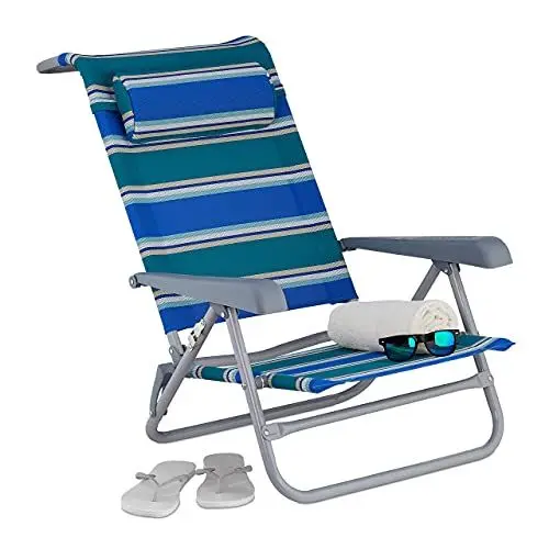 Produktbild: Relaxdays Liegestuhl klappbar, verstellbar, Strandstuhl mit Nackenkissen, Armlehnen & Flaschenöffner, blau/grün/weiß, 1 Stück, 10035903