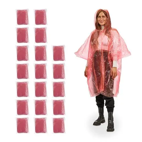 Produktbild: Relaxdays Lot 20 Ponchos de Pluie Jetables Regenponcho, 20er Set, Einweg Regencape mit Kapuze, Wandern, Festival, Notfallponcho für Damen & Herren, rot, 100% Kunststoff