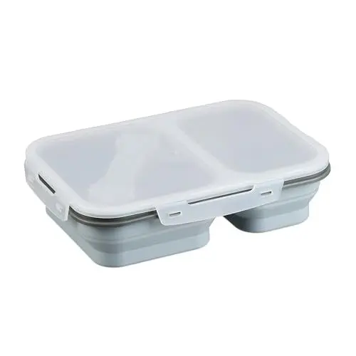 Produktbild: Relaxdays Lunchbox, 2 Fächer, faltbar, mikrowellengeeignet, luftdicht, Silikon, Brotdose mit Besteck, Essensbox, grau
