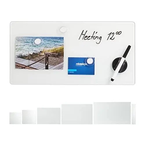Produktbild: Relaxdays Magnettafel Glas, 20x40 cm, 3 Magneten, Marker, Stiftehalter, Büro & Küche, Sicherheitsglas Magnetboard, weiß