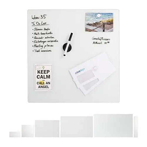Produktbild: Relaxdays Magnettafel Glas, 50x50 cm, 3 Magneten, Marker, Stiftehalter, Büro & Küche, Sicherheitsglas Magnetboard, weiß