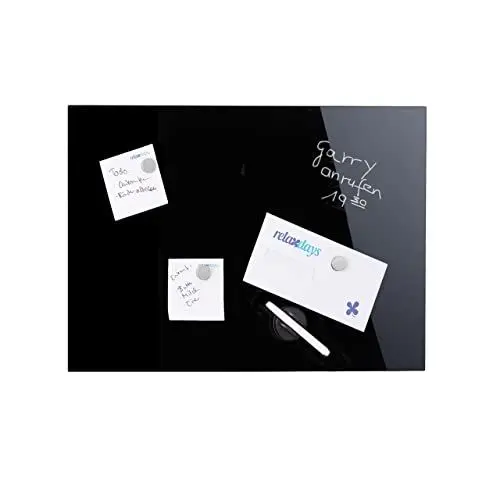 Produktbild: Relaxdays Magnettafel, beschreibbar, inkl. 3 Magnete & Stift, abwischbar, Rahmenlos, Magnetboard Glas, 60x40 cm, schwarz