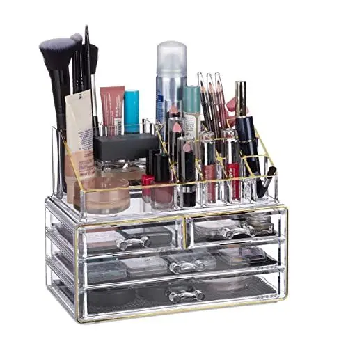 Produktbild: Relaxdays Make Up Organizer Acryl, 2-teilige Schminkaufbewahrung mit Lippenstifthalter & 4 Schubladen, transparent/gold