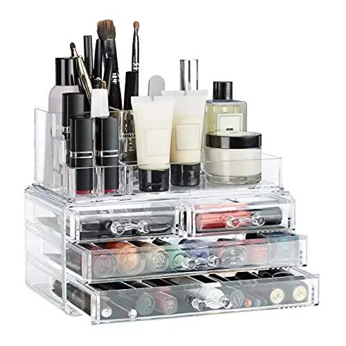 Produktbild: Relaxdays Make Up Organizer mit 4 Schubladen, Kosmetik Halter Nagellack u. Lippenstift, Acryl, transparent, 185 x 71 x 90 cm