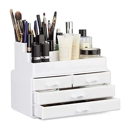Produktbild: Relaxdays Make Up Organizer mit 4 Schubladen, Kosmetik Halter f. Nagellack u. Lippenstift, Make Up Kit aus Acryl, weiß, 14 x 23.5 x 19 cm