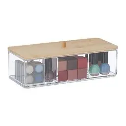 Produktbild: Relaxdays Make Up Organizer mit Bambusdeckel, 3 Fächer, Kunststoff, Aufbewahrung Haargummis, Kosmetik, transparent/Natur