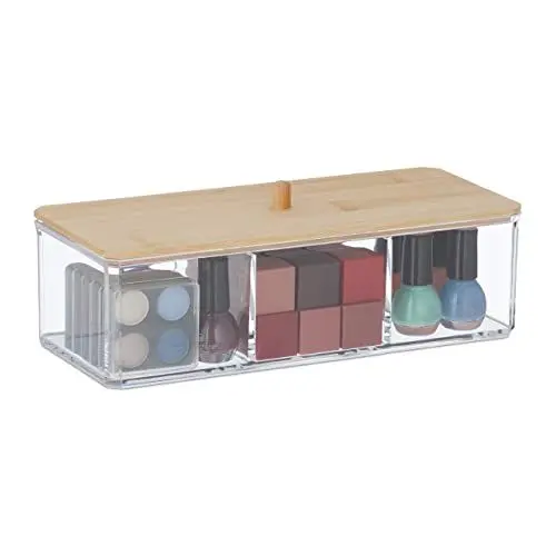 Produktbild: Relaxdays Make Up Organizer mit Bambusdeckel, 3 Fächer, Kunststoff, Aufbewahrung Haargummis, Kosmetik, transparent/Natur