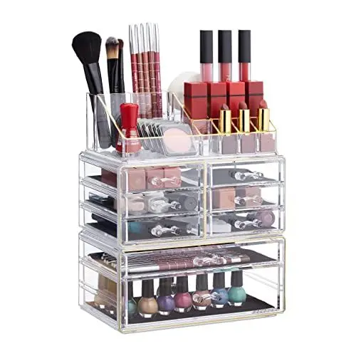 Produktbild: Relaxdays Make Up Organizer mit Schubladen, stapelbarer Schmuckkasten, Acryl Schminkaufbewahrung, transparent-gold