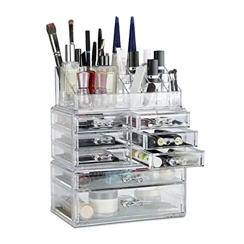 Produktbild: Relaxdays Make Up Organizer mit Schubladen, stapelbarer Schmuckkasten f, Acryl Schminkaufbewahrung, transparent, 2 x 72 x 36.5 cm