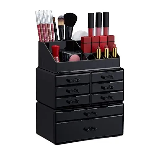 Produktbild: Relaxdays Make Up Organizer mit Schubladen, stapelbarer Schmuckkasten für Make Up, Acryl Schminkaufbewahrung, schwarz, 30 x 24 x 14 cm