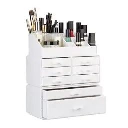 Produktbild: Relaxdays Make Up Organizer mit Schubladen, stapelbares Kosmetikregal f. Schmuck u. Make Up, Schminkaufbewahrung, weiß, 14 x 24 x 30 cm