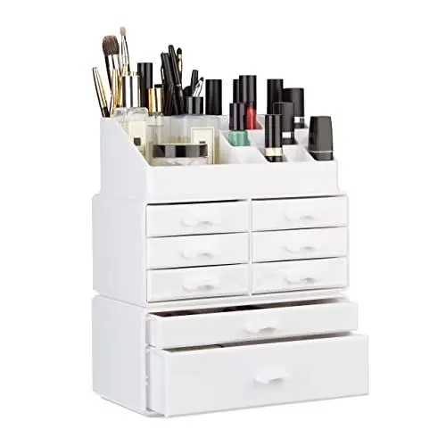 Produktbild: Relaxdays Make Up Organizer mit Schubladen, stapelbares Kosmetikregal f. Schmuck u. Make Up, Schminkaufbewahrung, weiß, 14 x 24 x 30 cm