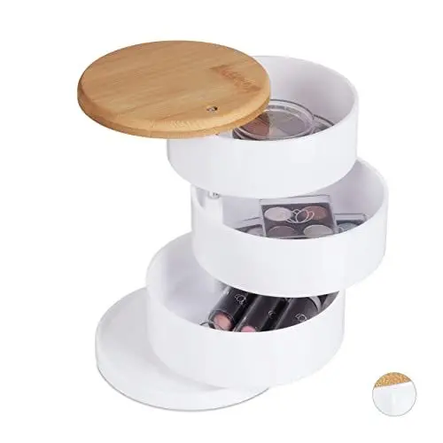 Produktbild: Relaxdays Make Up Organizer, rund, 3 drehbare Ebenen, für Kosmetik & Schmuck, Bambusdeckel, Kunststoff, Schminkbox, weiß