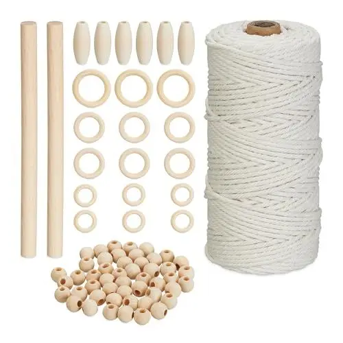 Produktbild: Relaxdays Makramee Set, 73-TLG. Bastelset mit Holzperlen & Holzringen, 109 m Baumwollgarn 3mm, für Anfänger, weiß/Natur